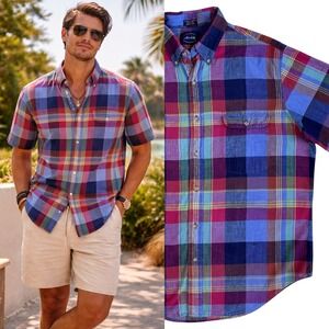 VTG 90s Allen Solly Mens Madras Plaid Short Sleeve Button Down Shirt Large